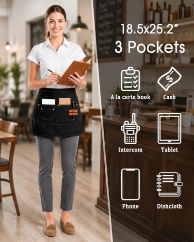 2-Pack Work Server Apron for Men Women with 3 Pockets for waiting staff | Waist Apron for Waiting Staff, Waitress, Barista, Chefs, Ideal for Cafe, Bar, Gardening, Cooking, BBQ, Painting, Cleaning - Image 3