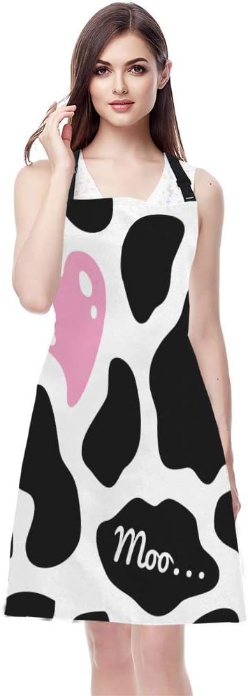 WONDERTIFY Heart Apron,Pink Heart on The Black and White Cow Skin Pattern Background Bib Apron with Adjustable Neck for Men Women,Suitable for Home Kitchen Cooking Waitress Chef Grill Bistro Apron