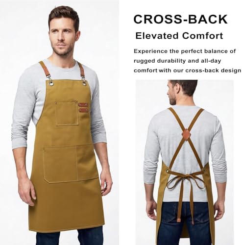 ZOMAO Chef Apron for Women Men with Large Pockets, Cotton Canvas Cross Back Waterproof Work Aprons for Kitchen Cooking Bib - Image 3