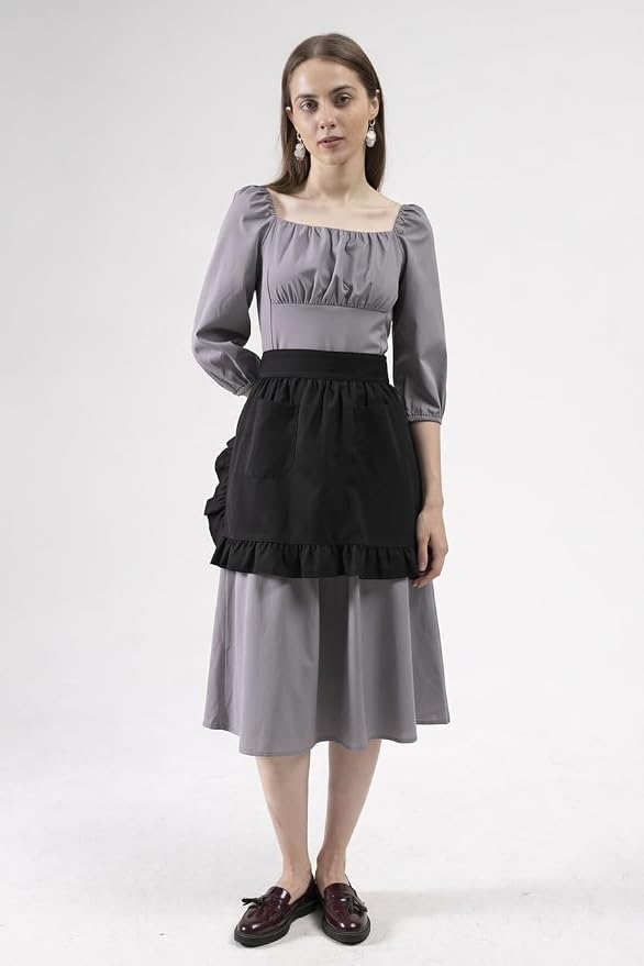 Waist Apron with Pockets Retro Kitchen Cleaning Ruffles Half Apron - Image 2