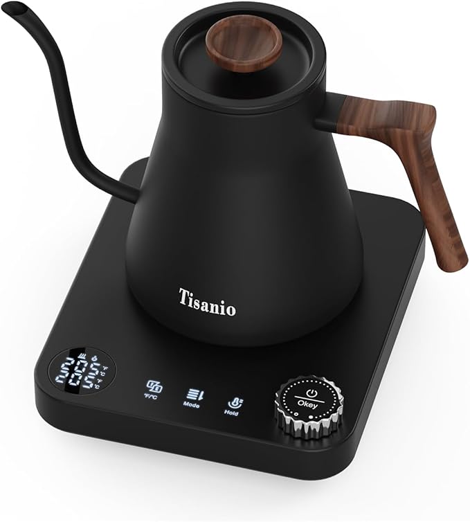 Gooseneck Electric Kettle for Pour Over Coffee, ±1°F Temperature Control, Smart Heating, 304 Stainless Steel, Fast Boil & 2-Hour Keep Warm, 0.9L,Wood Black