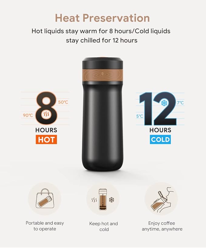 Portable French Press Coffee Maker Travel French Coffee Maker Stainless Steel Coffee Mug 12 oz Double Mesh Filter Great for Camping and Traveling
