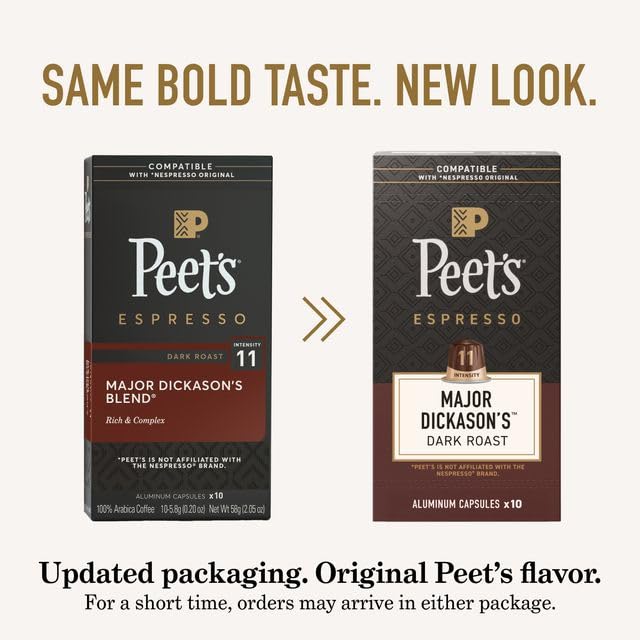 Peet's Coffee, Dark Roast Espresso Capsules, Compatible with Nespresso Original Machines, 100% Arabica Coffee - Major Dickason's Blend, Intensity 11, 100 Count (10 Boxes of 10 Espresso Capsules)