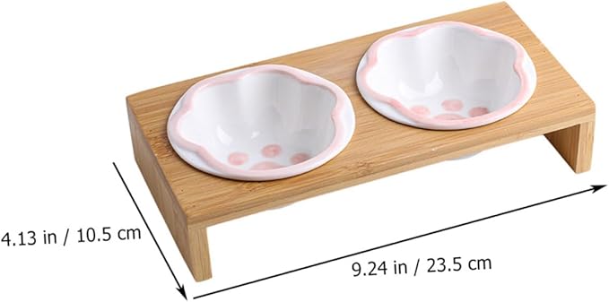 Bamboo Elevated Cat Bowl Ceramic Material Whisker-Friendly Bowl for Kitten Vomiting Relief