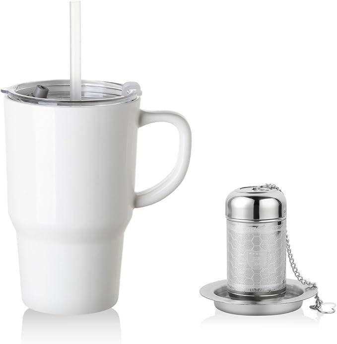 Sweejar Ceramic Tea Cup with Lid, 16 OZ Portable Coffee Mug, Dishwasher Safe Travel Mug with Infuser, Reusable Teacup for Car Cup Holder, Tea Lovers(White)