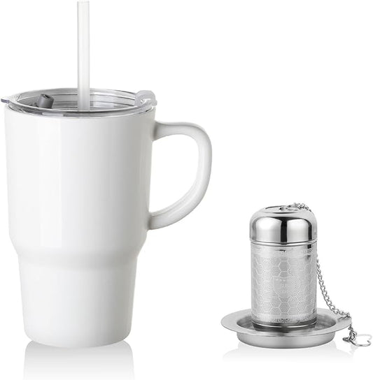 Sweejar Ceramic Tea Cup with Lid, 16 OZ Portable Coffee Mug, Dishwasher Safe Travel Mug with Infuser, Reusable Teacup for Car Cup Holder, Tea Lovers(White)