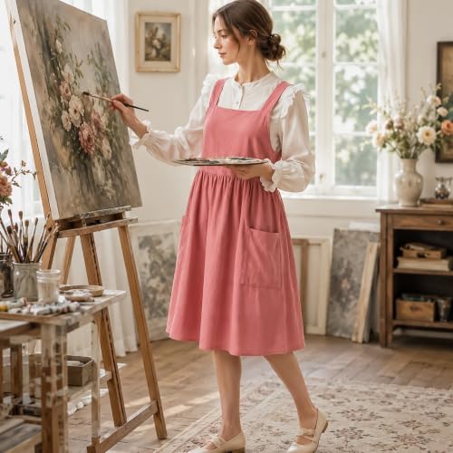 Uaussi Cotton Linen Apron Cross Back Work Apron for Women with Pockets Pinafore Dress X Cross Halter Apron for Chef Gardening - Image 3
