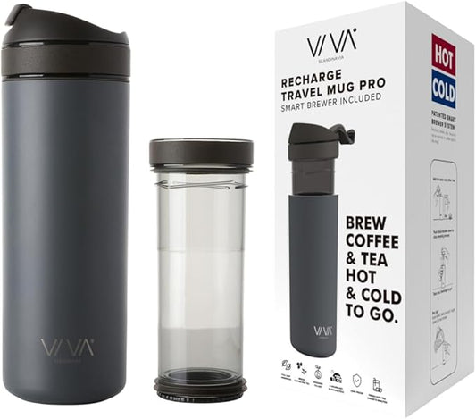 VIVA Recharge Grey Insulated Tea & Coffee Mug & Travel French Press Coffee Maker, 16 oz, Brew & Drink From the Same Coffee Mug On the Go or Camping