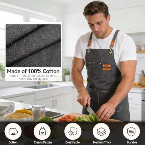 Chef Aprons for Men Women with Large Pockets Heavy Duty Cotton Canvas Cross Back Apron - Image 2