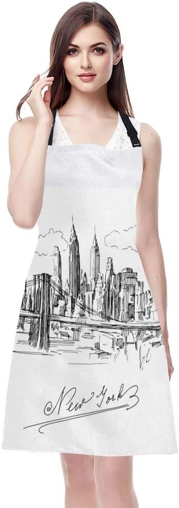 WONDERTIFY New York Apron,Hand Drawn New York City Architecture Metropolis Skyline Bib Apron with Adjustable Neck for Men Women,Suitable for Kitchen Cooking Waitress Chef Grill Bistro Baking Apron