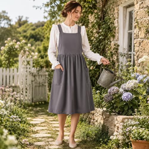 Uaussi Cotton Linen Apron Cross Back Work Apron for Women with Pockets Pinafore Dress X Cross Halter Apron for Chef Gardening - Image 4