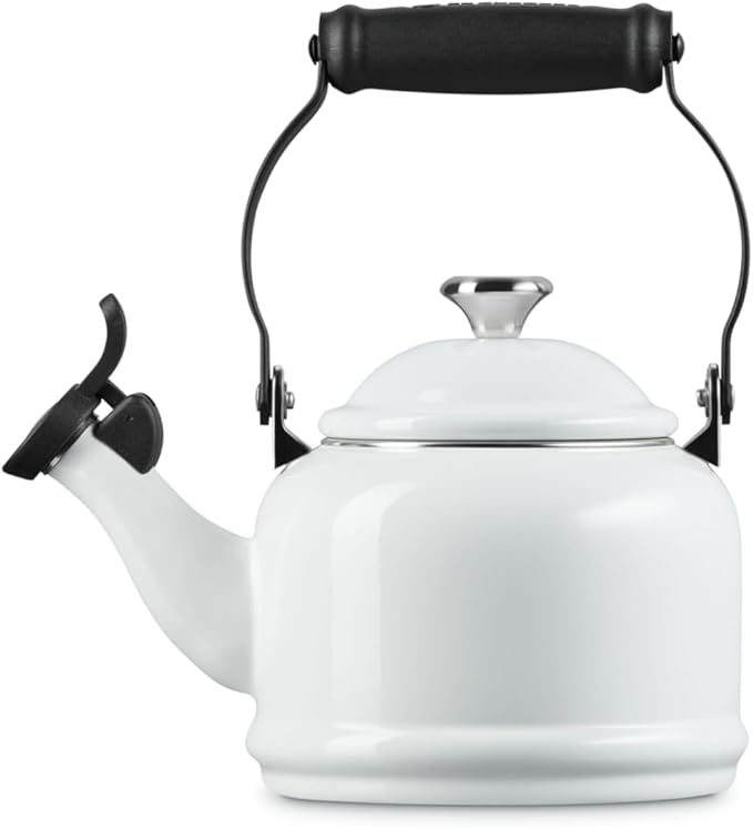 Le Creuset Enamel On Steel Demi Tea Kettle with Metal Finishes, 1.25 qt., White