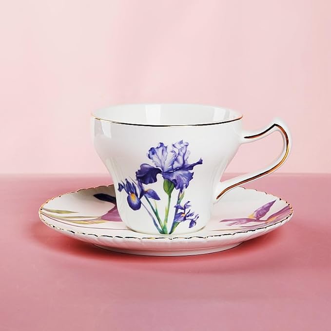 Bone China Tea Cup Set with Saucer and Spoon, 3 Piece, 7oz, Cappuccino and Latte Cups, Porcelain, British Style, Mother's Day Gift (Purple Iris)