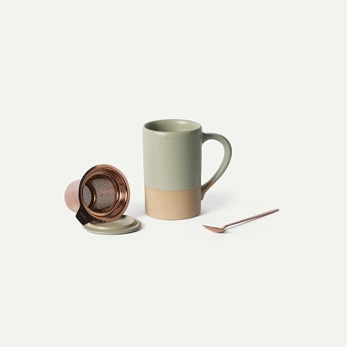MORA Ceramics Tea Cup with Loose Leaf Infuser, Spoon and Lid, 12 oz, Microwave and Dishwasher Safe Coffee Mug - Rustic Matte Ceramic Glaze, Modern Herbal Tea Strainer - Great Gift for Women, Thyme