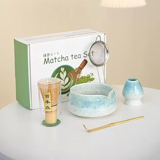 Premium Matcha Tea Set - 5 Pcs with Kiln-Transformation Glaze Ceramic Bowl, Prong Bamboo Whisk, Scoop, Sifter & Holder | Authentic Japanese-Style Tools (blue)