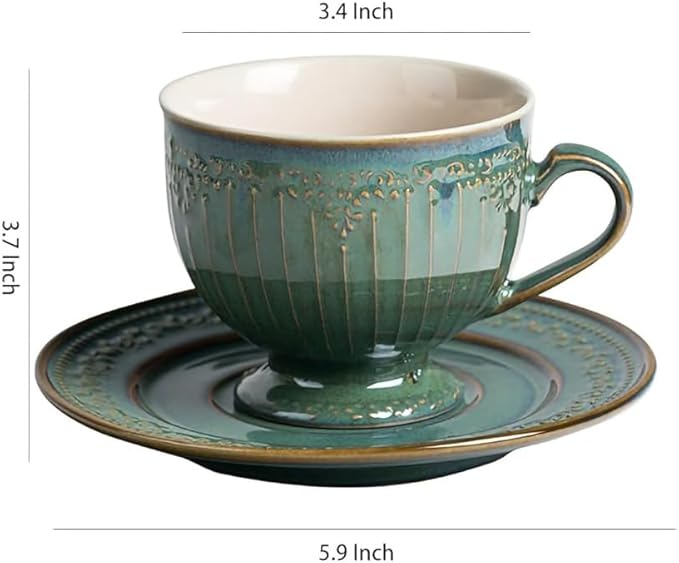 WAIT FLY Vintage Embossed Ceramic Coffee Mug with Saucer Set, Espresso Cup, Tea Cup, Breakfast Cup and Dessert Plate-Green-8 OZ