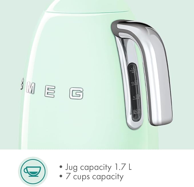 SMEG 7-Cup Variable Temperature Electric Kettle - Retro Style Aesthetic with Advanced Technology - Stainless Steel, 1400W, 120V, 360° Swivel Base, Keep Warm Function (Pastel Green)