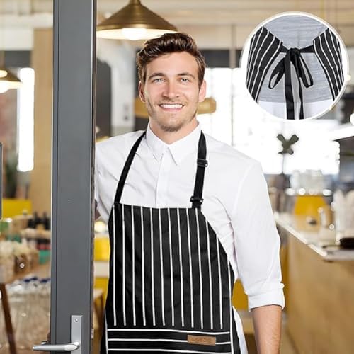 Chef Apron Bib Apron with 2 Large Pockets Adjustable Neck Strap Kitchen Apron Cooking Apron Stripes Baking Apron - Image 6