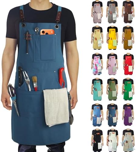 Kitchen Apron, Work Apron, Canvas, Multiple Pockets, Gardening, Painting, BBQ, Artist, Carpenter, Sizes M to XXL, Blue | Multiple Pockets, Gardening, Painting, BBQ, Carpenter, Sizes M to XXL by Stenffy