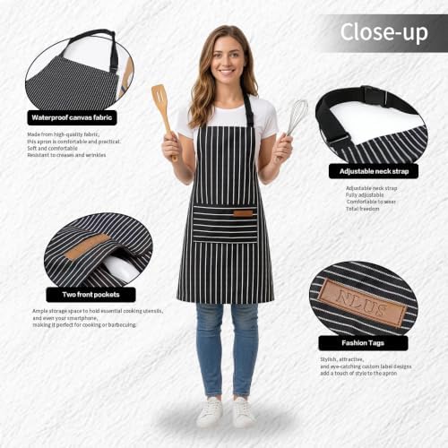 Chef Apron Bib Apron with 2 Large Pockets Adjustable Neck Strap Kitchen Apron Cooking Apron Stripes Baking Apron - Image 6