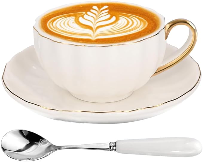 ONEUSTAR Tea Cup and Saucer Set for 1 Bone China English Tea Cup with Spoon 8 oz Teacup Coffee Cappuccino Latte Mug with Gold Trim, White