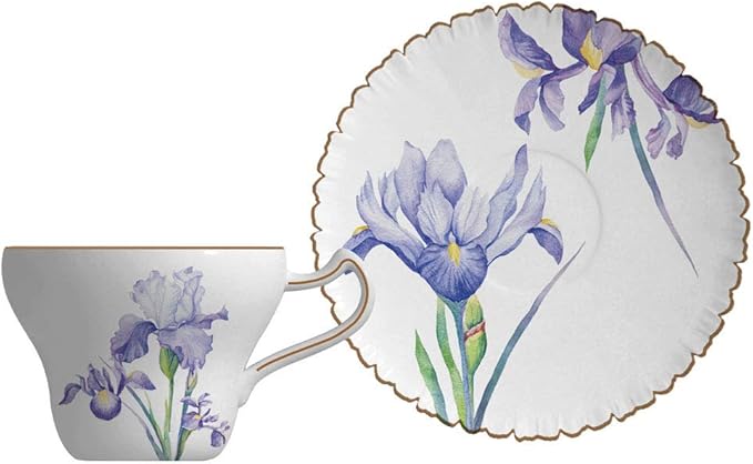 Bone China Tea Cup Set with Saucer and Spoon, 3 Piece, 7oz, Cappuccino and Latte Cups, Porcelain, British Style, Mother's Day Gift (Purple Iris)