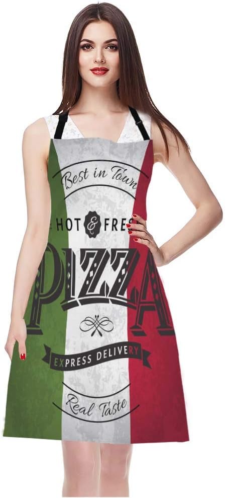 WONDERTIFY Pizza Apron,Best in Town Pizzeria Retro Poster on Grunge Backgrounds Green White Red Bib Apron with Adjustable Neck for Men Women,Suitable for Kitchen Cooking Chef Grill Bistro BBQ Apron