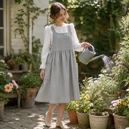 Uaussi Cotton Linen Apron Cross Back Work Apron for Women with Pockets Pinafore Dress X Cross Halter Apron for Chef Gardening - Image 3
