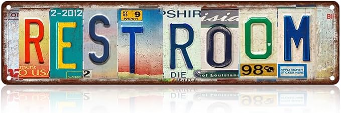 Vintage License Plate RESTROOM Sign – 16x4 Inch Rustic Tin Wall Decor for Bathroom, Guest Toilet, Washroom, Commercial Restroom or Farmhouse Style Spaces by SARAHEVE