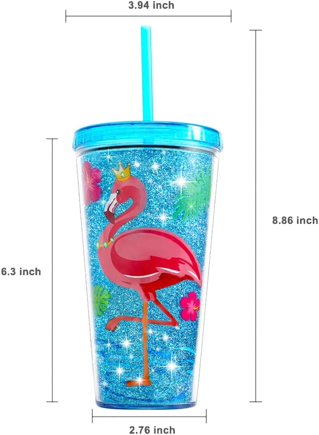 Cute Glitter Tumbler Cups with Lid and Straw, Double Wall Insulated Acrylic Cup, 22 oz / 650ml (Flamingo)