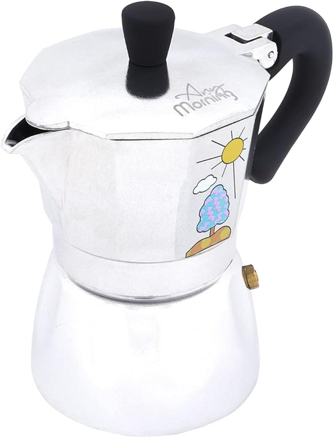 Any Morning Espresso Stovetop Moka Pot, 6 Cup Italian Coffee Maker, Aluminum, PBA Free, 8 Oz, 6 Expresso Cups Silver