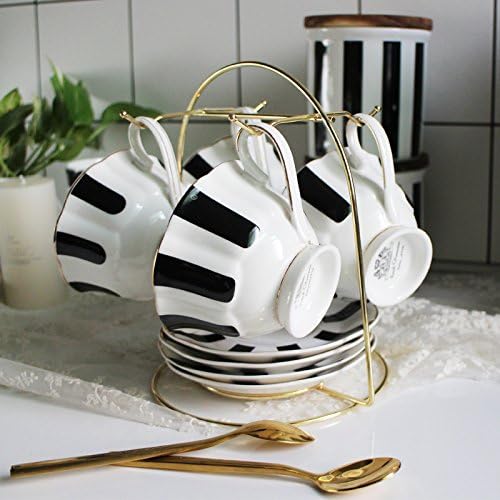 Black and White Retro Series European Striped Polka Dot Coffee Cup and Saucer Mug Cake Plate Afternoon Tea Set (A)