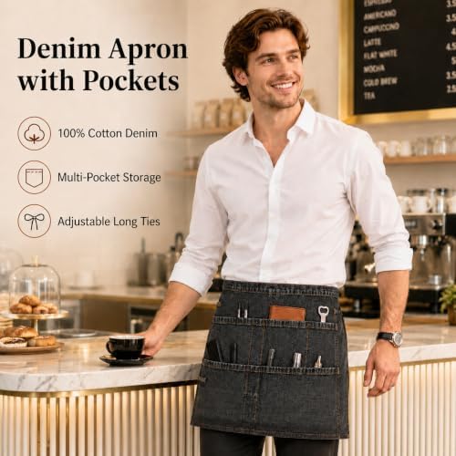Denim Apron, Waist Apron with Pockets and Adjustable Long Ties - Image 2
