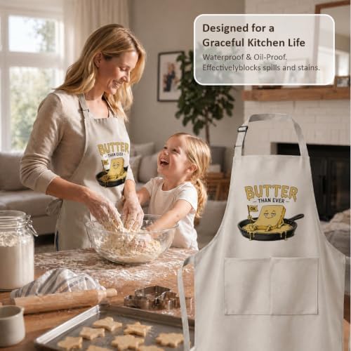 Butter Than Ever Funny Cooking Apron for Women Men, Kitchen Gift | Playful butter character and food pun make this apron a fun choice for cooking, baking, brunch, grilling, and parties - Image 3