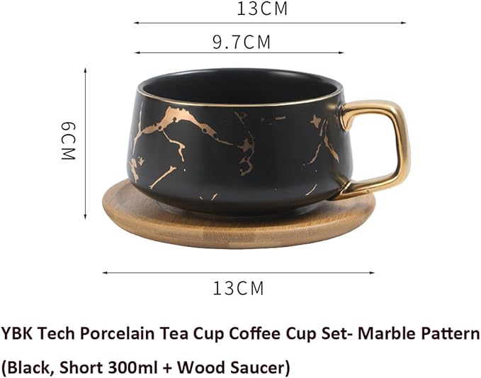 YBK Tech Porcelain Tea Cup Coffee Mug Set for Afternoon Tea - Marble Pattern (Black, Short 300ml + wood saucer)