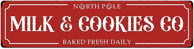 Christmas Metal Sign North Pole Milk Cookies Co Baked Fresh Daily Vintage Print Art Poster Tin Hanging Plaque for Home Kitchen Yard Cafe Coffee Bar Wall Decor Novelty Gift 16" x 4" by SCAZOMV