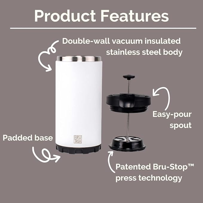 BruTrek® by Planetary Design Steel Toe 3.0 Travel Coffee Press - Brew 20 fl.oz On The Go - No Spill Lid, Double Wall Vacuum Insulated Stays Hot for Hours, French Press Coffee (Red Rock)