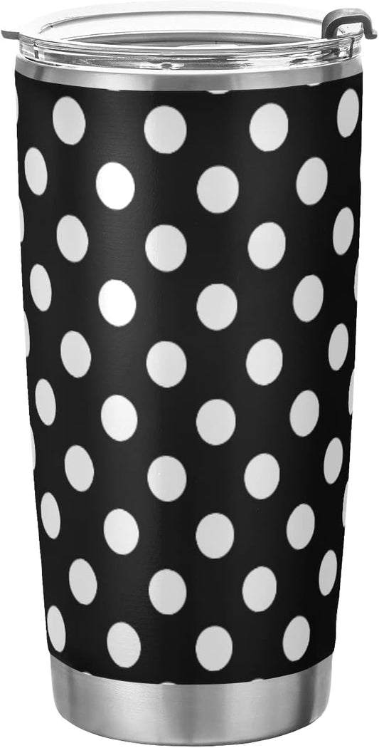 Tumbler Polka Dot Black White Insulated Coffee Cup Beverage Container Travel Mug with Straw and Lid Double Wall Stainless Steel 20oz BPA-Free for Sport, Back to School