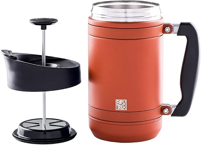 BruTrek® by Planetary Design BaseCamp Coffee Press - Double Wall Insulated Stainless Steel - Bru-Stop Technology, No Grounds in Coffee, No Spill Lid (Red Rock, 32 fl.oz)