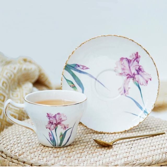 Bone China Tea Cup Set with Saucer Spoon - 3 Piece Set (7oz) Cappuccino & Latte Cups, Porcelain British Style, Mother's Day Gift (Pink Iris)