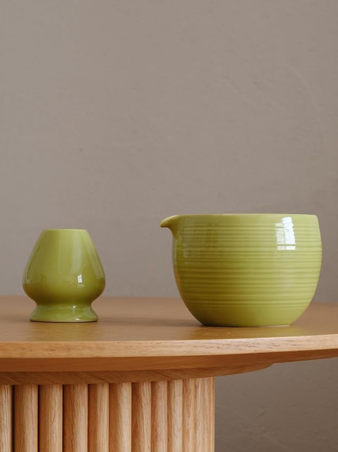 Matcha Whisk Set, Ceramic Matcha Bowl & Whisk Holder, Bamboo Accessory, Modern Design (Matte Crème, Pouring Spout) (Avocado Green)