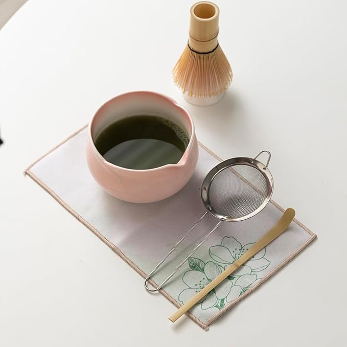 Japanese Matcha Tea Set, Pink Peach Ceramic Matcha Bowl with Soft Glaze, Bamboo Whisk & Scoop, Complete Tea Ceremony Kit with Gift Box