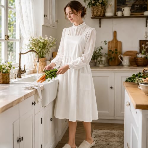Uaussi Cotton Linen Apron Cross Back Work Apron for Women with Pockets Pinafore Dress X Cross Halter Apron for Chef Gardening - Image 3