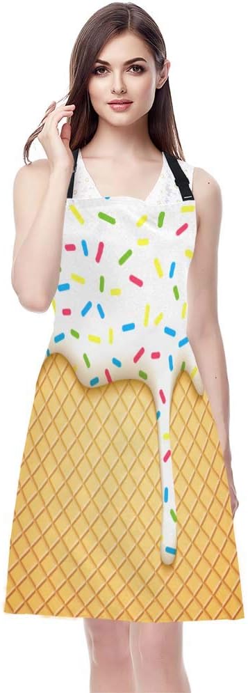 WONDERTIFY Ice Cream Apron,Cartoon Ice Cream Cone with Dripping White Glaze and Wafer Texture Bib Apron with Adjustable Neck for Men Women,Suitable for Home Kitchen Cooking Waitress Chef Grill Apron