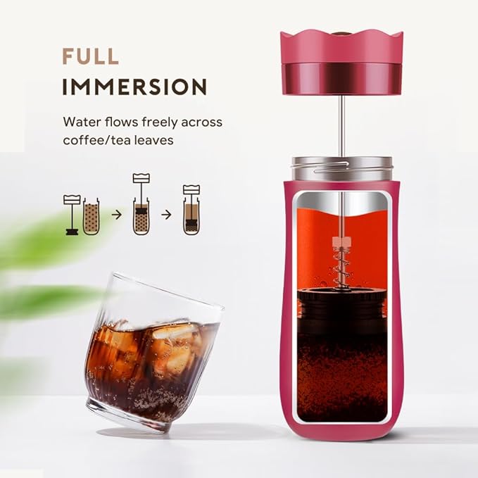 BENFUCHEN Travel Coffee Press, Vacuum Insulated Portable French Press, Stainless Steel Portable Coffee Maker/Tea Press, 12oz, Rose Red