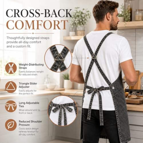Denim Apron, Waist Apron with Pockets and Adjustable Long Ties - Image 2