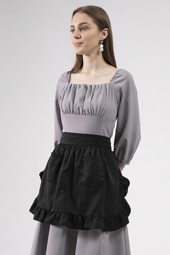 Waist Apron with Pockets Retro Kitchen Cleaning Ruffles Half Apron - Image 3