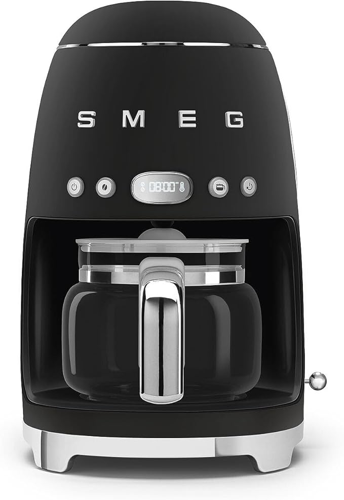 Smeg 50's Retro Style Aesthetic Drip Coffee Machine with 10 Cup Glass Carafe, Auto Start Feature, Keep Warm Plate, and Two Coffee Strength Settings (Matte Black)