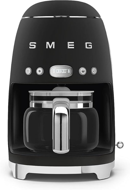 Smeg 50's Retro Style Aesthetic Drip Coffee Machine with 10 Cup Glass Carafe, Auto Start Feature, Keep Warm Plate, and Two Coffee Strength Settings (Matte Black)