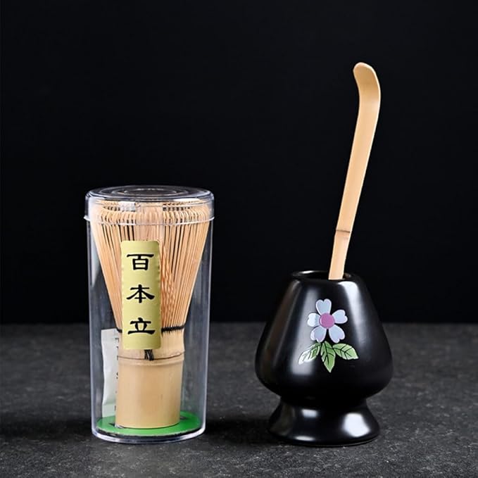 Japanese Matcha Tea Set, Bamboo Whisk (Chasen) + Matcha Scoop (Chashaku)+Ceramic Whisk Holder,fit for Japanese Tea Matcha Tea,Matcha Latte Accessories (A)